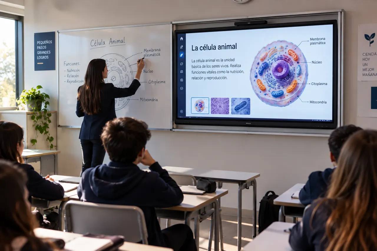 Clase de ciencias con la pantalla mostrando la célula animal junto a una pizarra tradicional